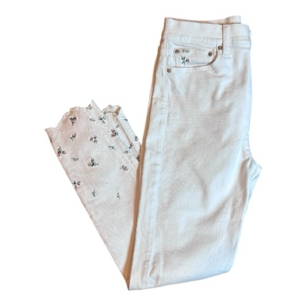 Polo Ralph Lauren White Skinny High Rise Ankle Jeans Floral Embroidery Size 30R